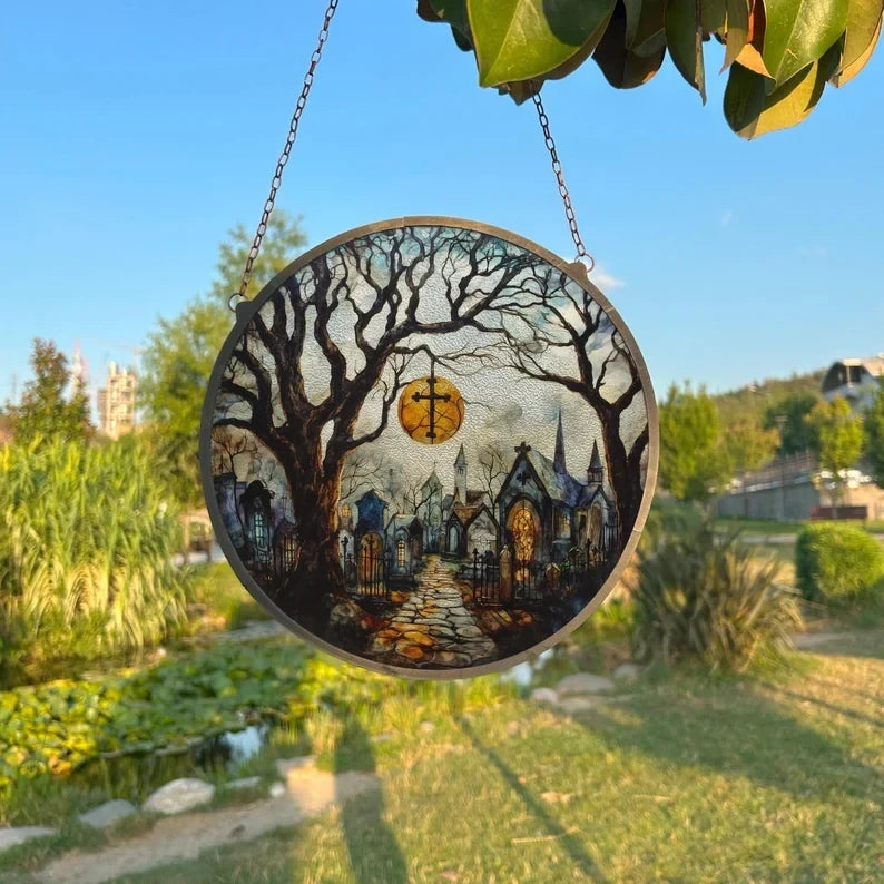 Cemetery Painted Faux Stained Glass Suncatcher, Window Hanging Decor, Outdoor Sun Catcher, Halloween Decor