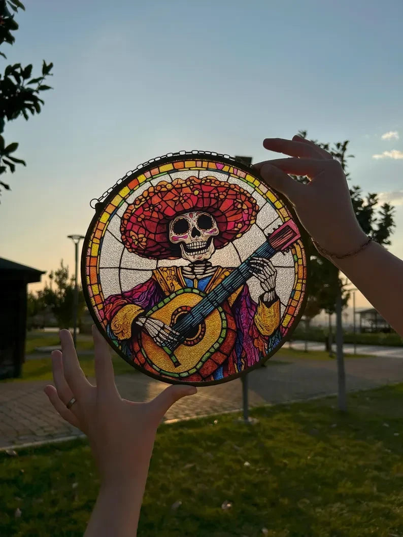 Skeleton Playing A Guitar Painted Faux Stained Glass Suncatcher, Window Hanging Decor, Outdoor Sun Catcher, Halloween Decor