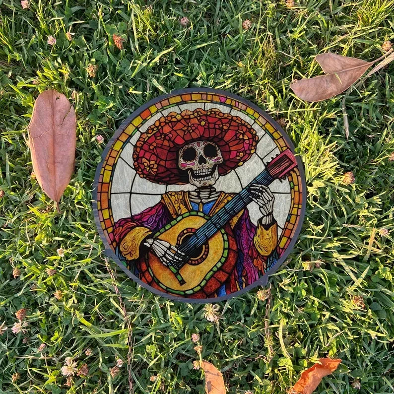 Skeleton Playing A Guitar Painted Faux Stained Glass Suncatcher, Window Hanging Decor, Outdoor Sun Catcher, Halloween Decor