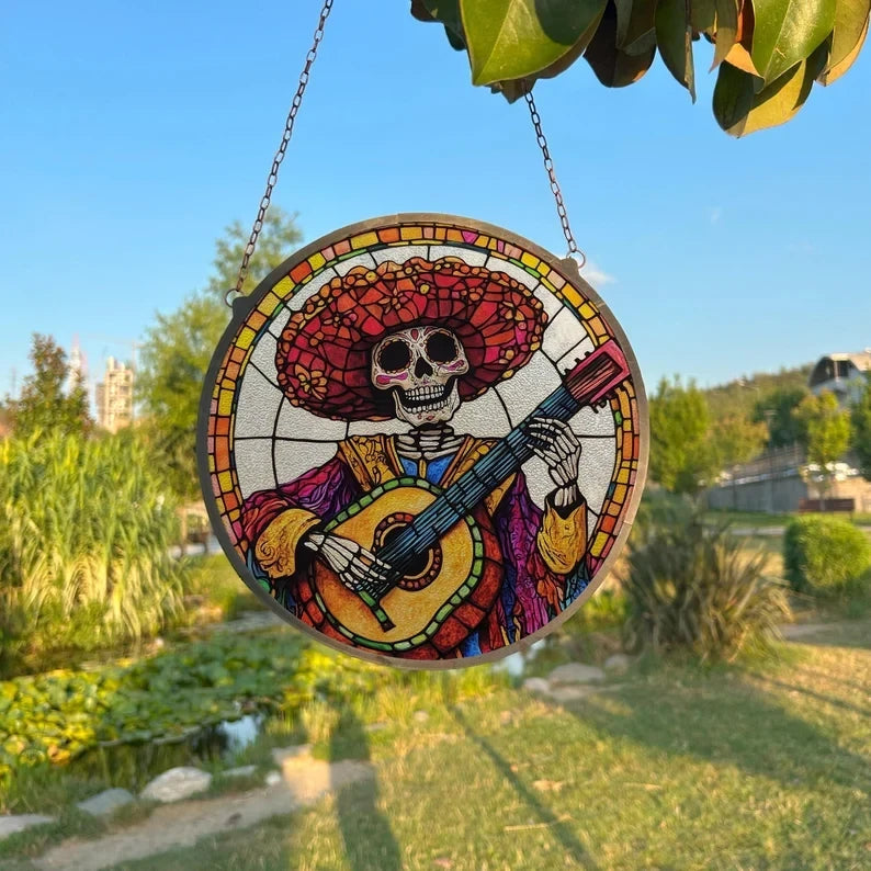 Skeleton Playing A Guitar Painted Faux Stained Glass Suncatcher, Window Hanging Decor, Outdoor Sun Catcher, Halloween Decor