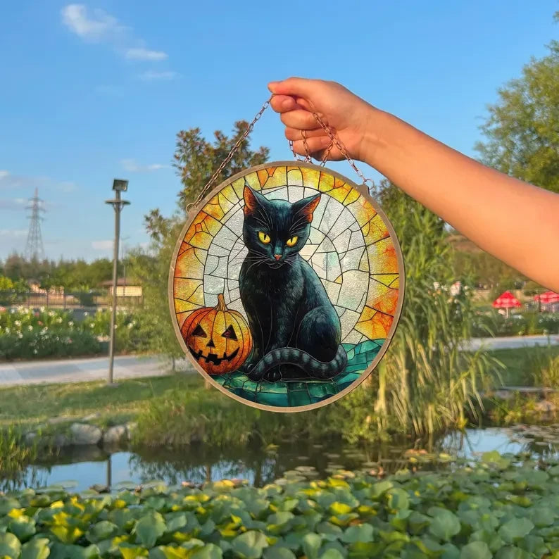 Black Cat Mushroom Painted Faux Stained Glass Suncatcher, Window Hanging Decor, Outdoor Sun Catcher, Halloween Decor