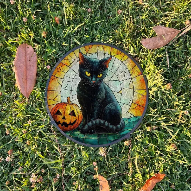 Black Cat Mushroom Painted Faux Stained Glass Suncatcher, Window Hanging Decor, Outdoor Sun Catcher, Halloween Decor