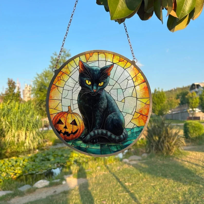 Black Cat Mushroom Painted Faux Stained Glass Suncatcher, Window Hanging Decor, Outdoor Sun Catcher, Halloween Decor