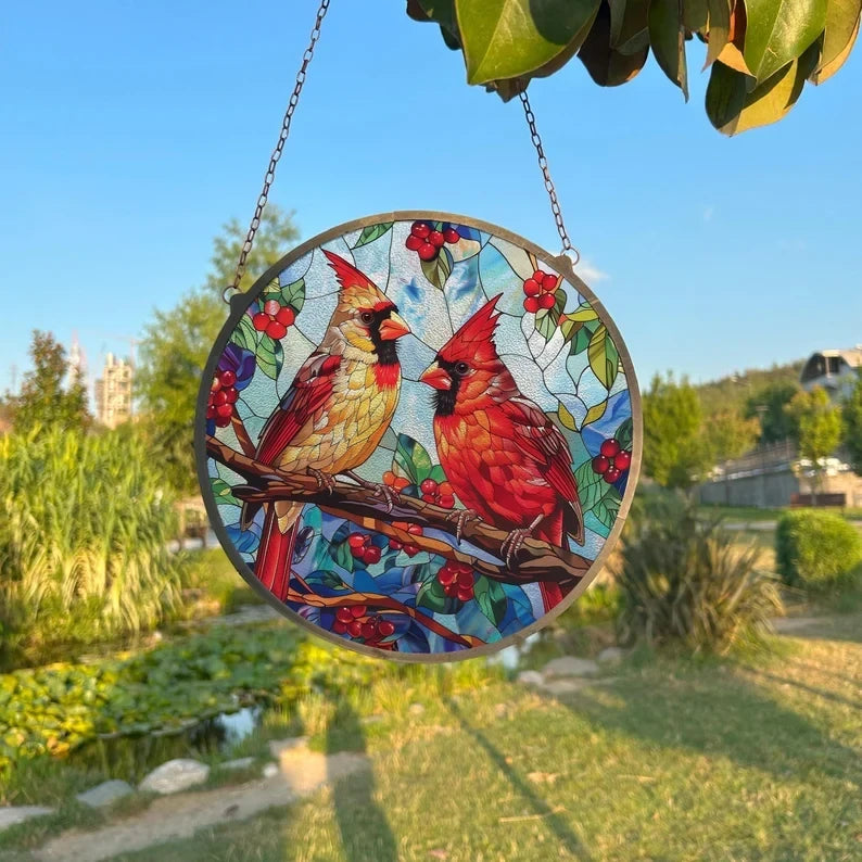 Cardinal Birds Painted Faux Stained Glass Suncatcher, Window Hanging Decor, Outdoor Sun Catcher Decor, Mirrorball Wall Decor