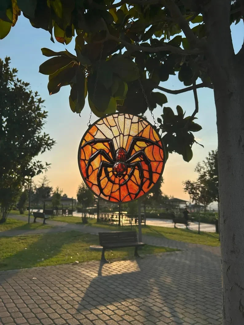 Red Spider Painted Faux Stained Glass Suncatcher, Window Hanging Decor, Outdoor Sun Catcher, Halloween Decor