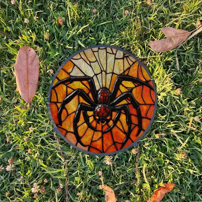 Red Spider Painted Faux Stained Glass Suncatcher, Window Hanging Decor, Outdoor Sun Catcher, Halloween Decor