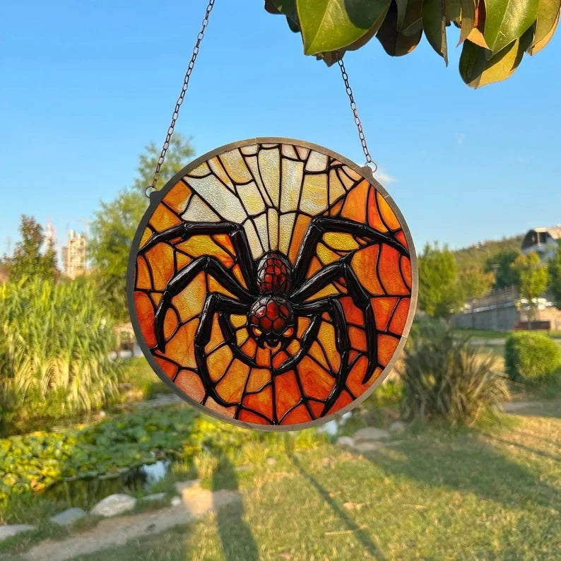 Red Spider Painted Faux Stained Glass Suncatcher, Window Hanging Decor, Outdoor Sun Catcher, Halloween Decor