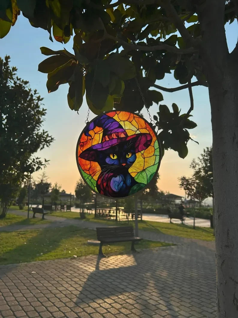 Black Cat In Witch Hat Painted Faux Stained Glass Suncatcher, Window Hanging Decor, Outdoor Sun Catcher, Halloween Decor