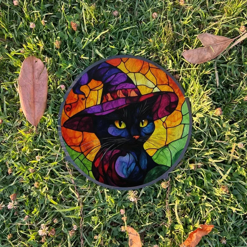 Black Cat In Witch Hat Painted Faux Stained Glass Suncatcher, Window Hanging Decor, Outdoor Sun Catcher, Halloween Decor