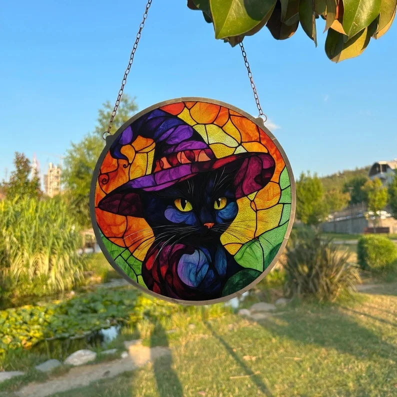 Black Cat In Witch Hat Painted Faux Stained Glass Suncatcher, Window Hanging Decor, Outdoor Sun Catcher, Halloween Decor