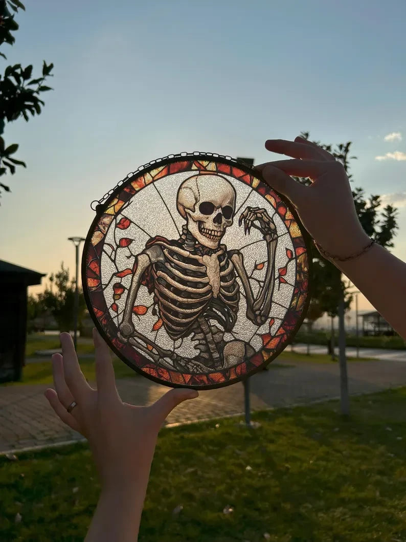 Dancing Skeleton Painted Faux Stained Glass Suncatcher, Window Hanging Decor, Outdoor Sun Catcher, Halloween Decor