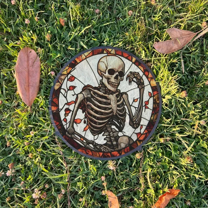 Dancing Skeleton Painted Faux Stained Glass Suncatcher, Window Hanging Decor, Outdoor Sun Catcher, Halloween Decor