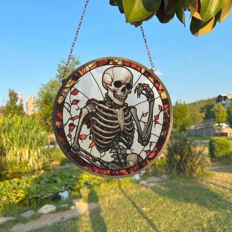 Dancing Skeleton Painted Faux Stained Glass Suncatcher, Window Hanging Decor, Outdoor Sun Catcher, Halloween Decor
