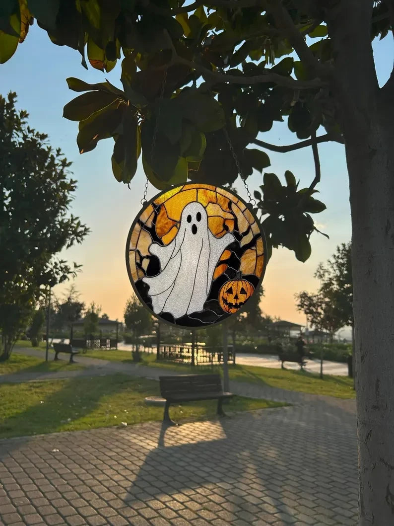 Halloween Ghost Painted Faux Stained Glass Suncatcher, Window Hanging Decor, Outdoor Sun Catcher, Halloween Decor