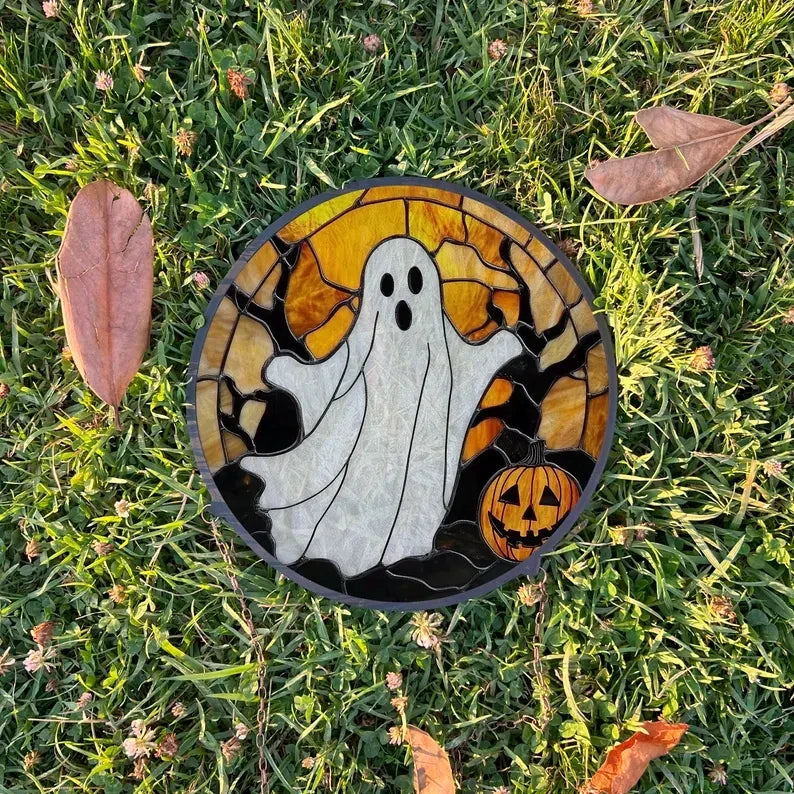 Halloween Ghost Painted Faux Stained Glass Suncatcher, Window Hanging Decor, Outdoor Sun Catcher, Halloween Decor
