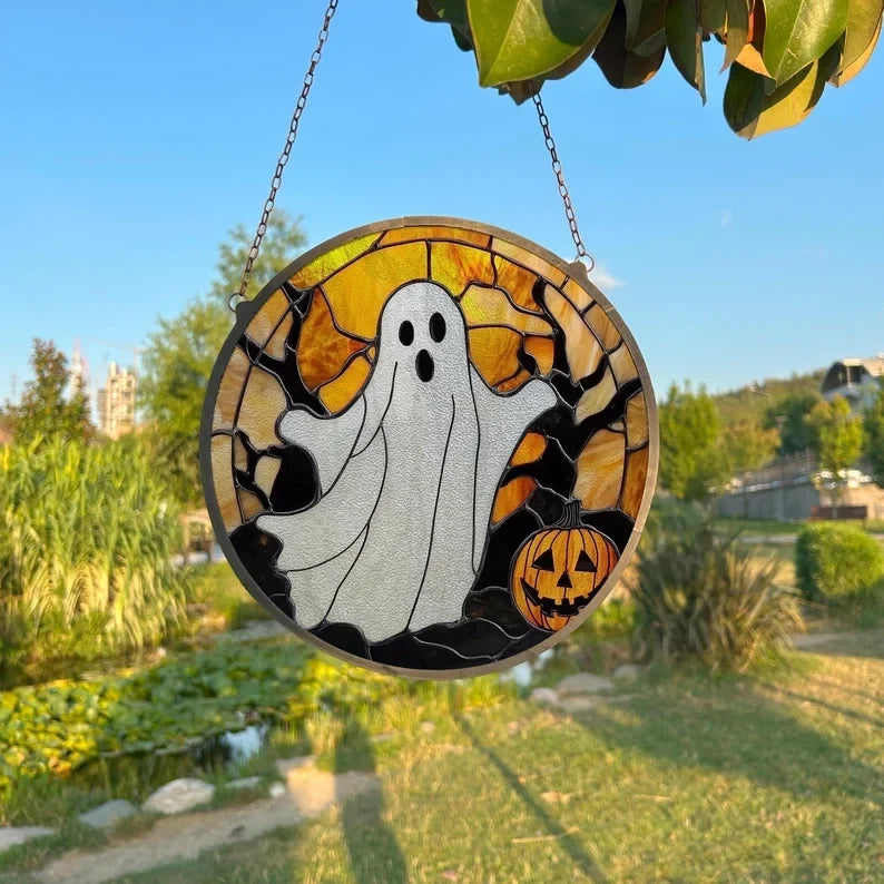 Halloween Ghost Painted Faux Stained Glass Suncatcher, Window Hanging Decor, Outdoor Sun Catcher, Halloween Decor