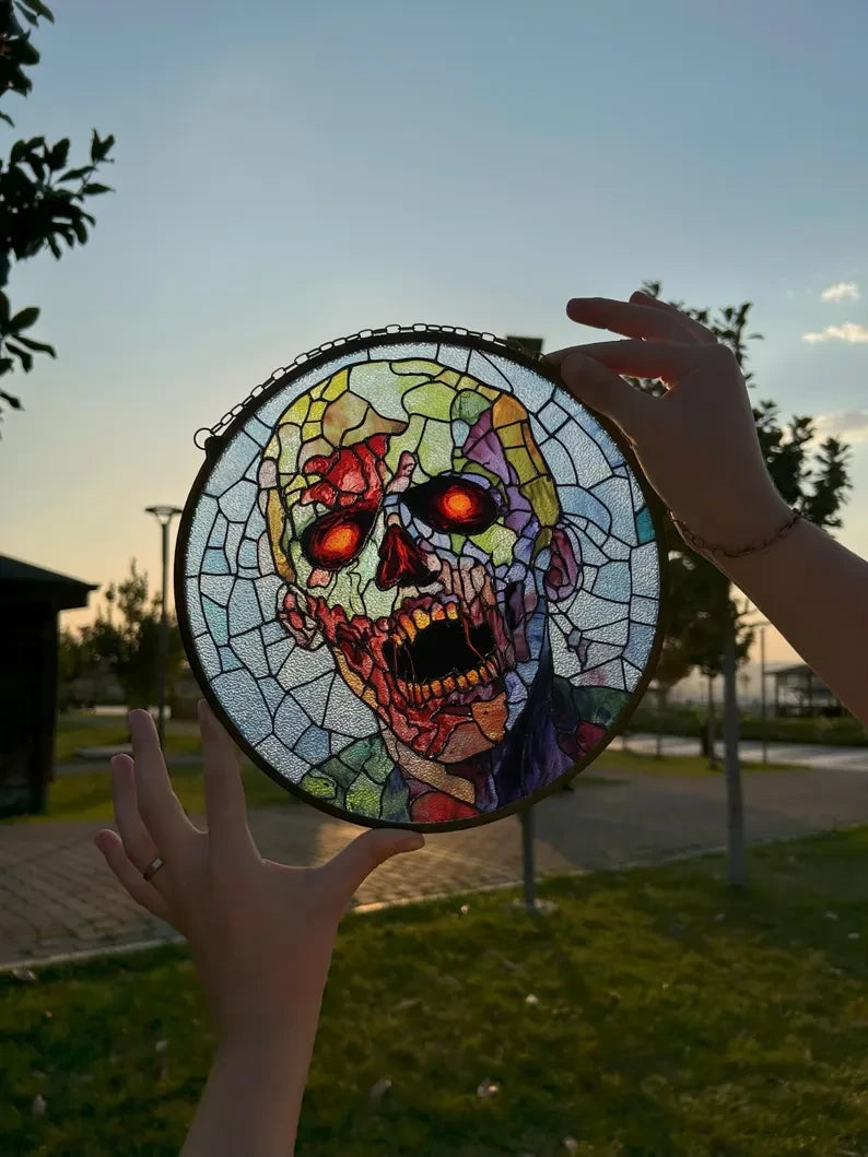 Zombie Painted Faux Stained Glass Suncatcher, Window Hanging Decor, Outdoor Sun Catcher, Halloween Decor