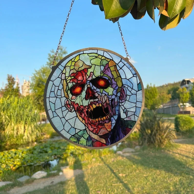 Zombie Painted Faux Stained Glass Suncatcher, Window Hanging Decor, Outdoor Sun Catcher, Halloween Decor