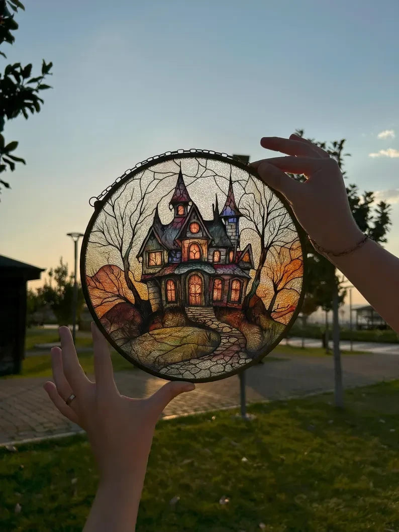 Haunted House Painted Faux Stained Glass Suncatcher, Window Hanging Decor, Outdoor Sun Catcher, Halloween Decor