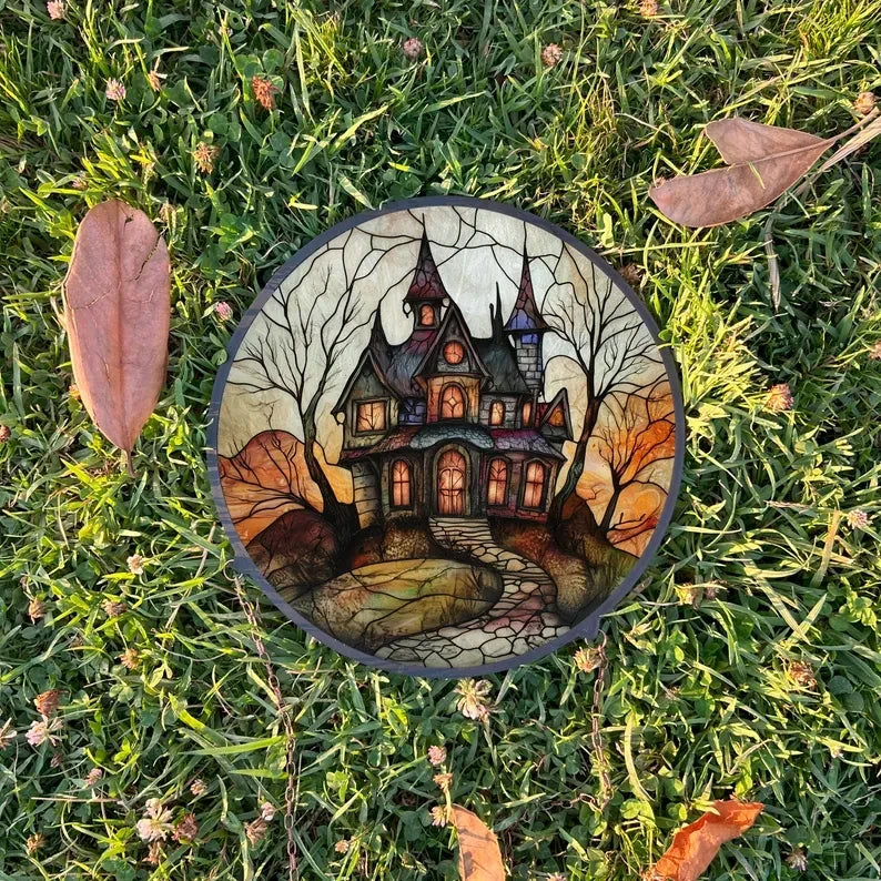 Haunted House Painted Faux Stained Glass Suncatcher, Window Hanging Decor, Outdoor Sun Catcher, Halloween Decor