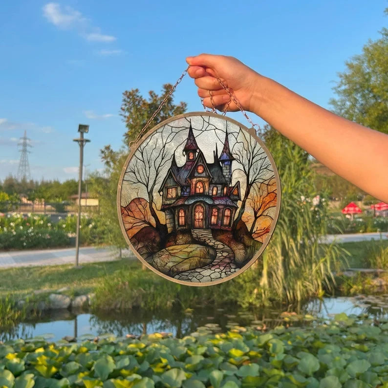 Haunted House Painted Faux Stained Glass Suncatcher, Window Hanging Decor, Outdoor Sun Catcher, Halloween Decor