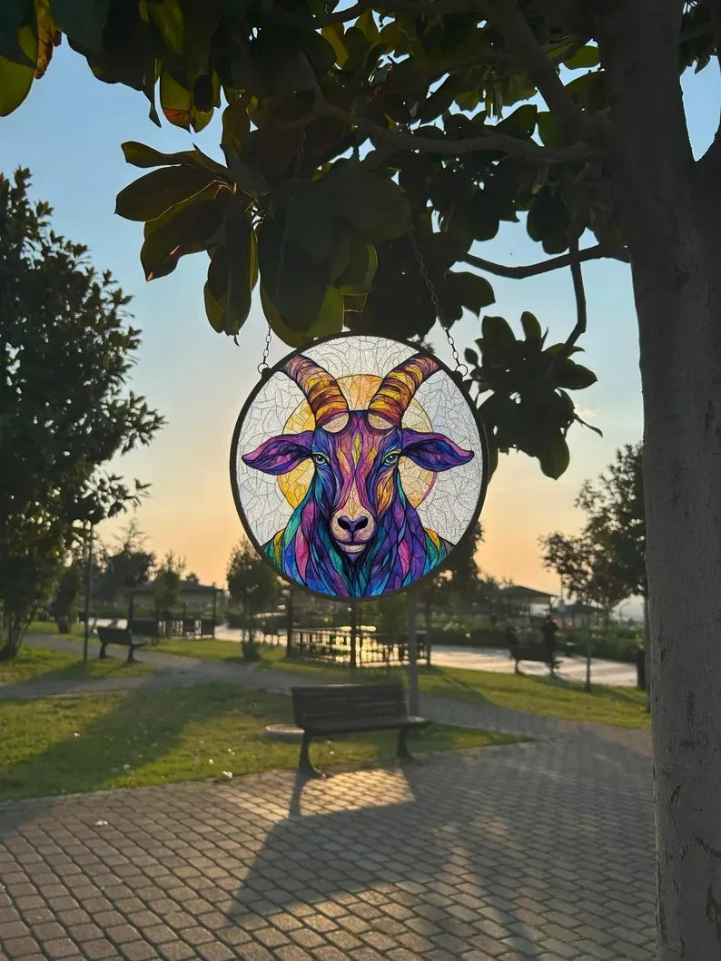 Colorful Goat Painted Faux Stained Glass Suncatcher, Window Hanging Decor, Outdoor Sun Catcher, Halloween Decor