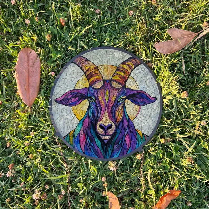 Colorful Goat Painted Faux Stained Glass Suncatcher, Window Hanging Decor, Outdoor Sun Catcher, Halloween Decor