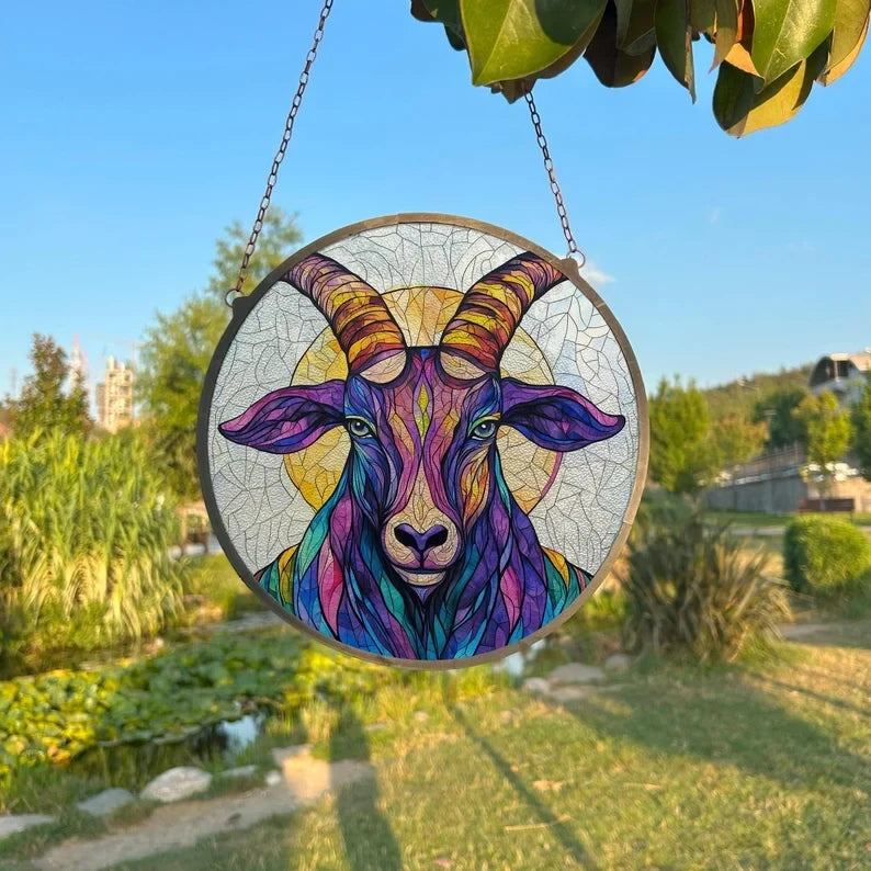 Colorful Goat Painted Faux Stained Glass Suncatcher, Window Hanging Decor, Outdoor Sun Catcher, Halloween Decor
