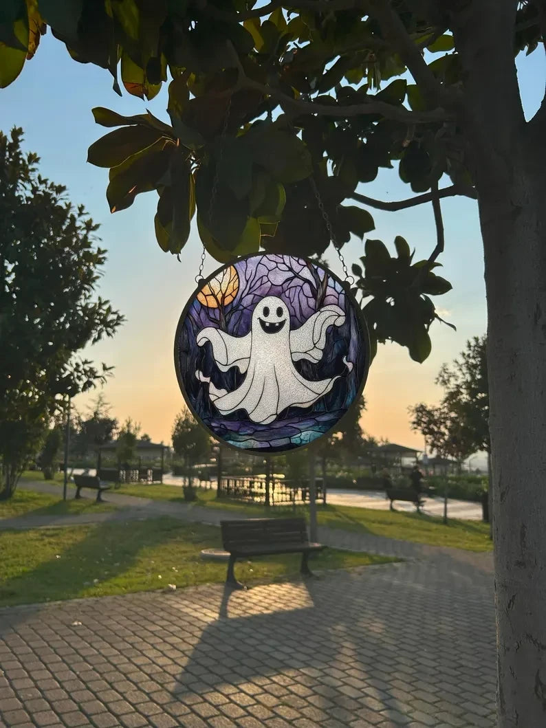 Cute Skeleton Painted Faux Stained Glass Suncatcher, Window Hanging Decor, Outdoor Sun Catcher, Halloween Decor