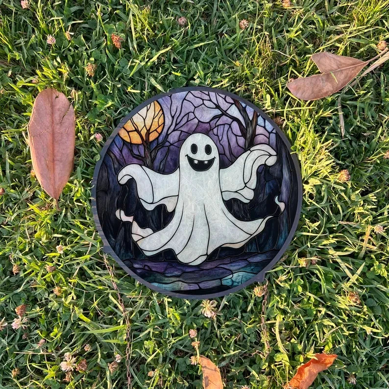 Cute Skeleton Painted Faux Stained Glass Suncatcher, Window Hanging Decor, Outdoor Sun Catcher, Halloween Decor
