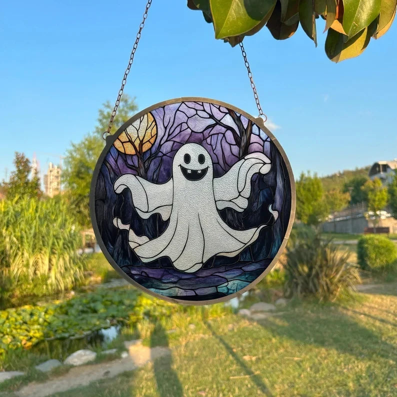 Cute Skeleton Painted Faux Stained Glass Suncatcher, Window Hanging Decor, Outdoor Sun Catcher, Halloween Decor