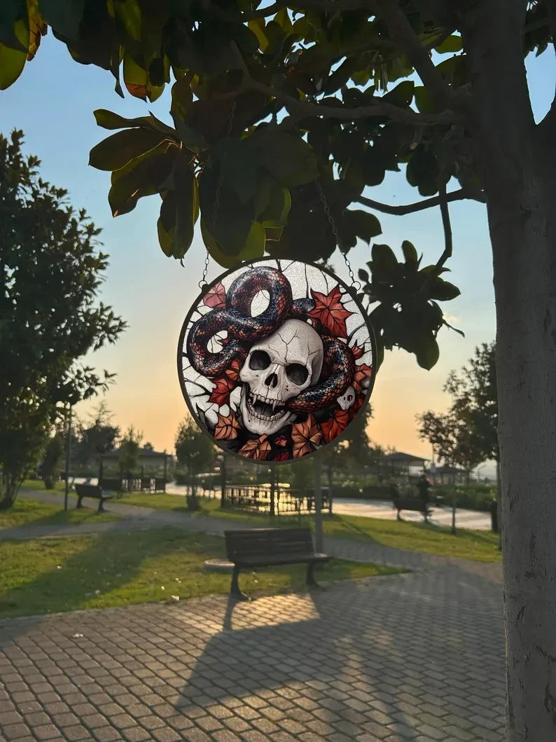 Skull And Snake Painted Faux Stained Glass Suncatcher, Window Hanging Decor, Outdoor Sun Catcher, Halloween Decor