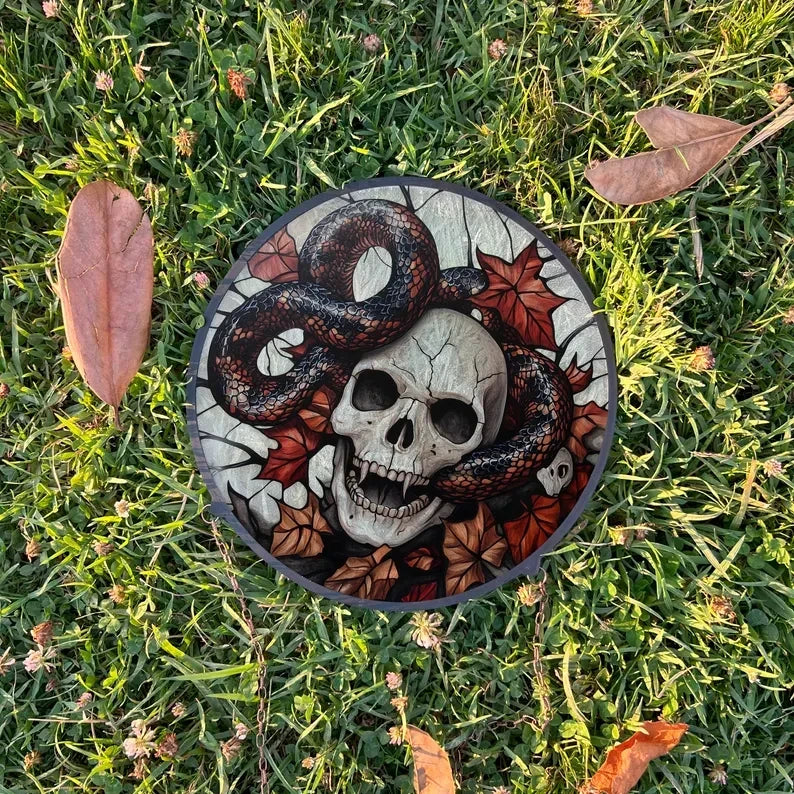 Skull And Snake Painted Faux Stained Glass Suncatcher, Window Hanging Decor, Outdoor Sun Catcher, Halloween Decor