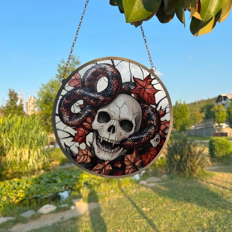 Skull And Snake Painted Faux Stained Glass Suncatcher, Window Hanging Decor, Outdoor Sun Catcher, Halloween Decor