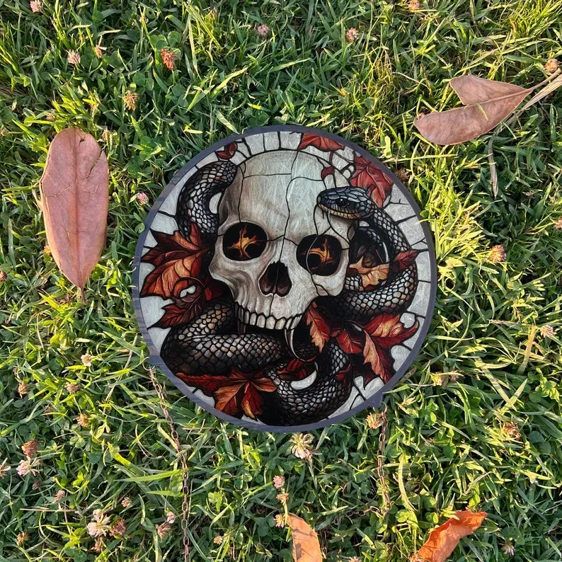 Skull And Snake Painted Faux Stained Glass Suncatcher, Window Hanging Decor, Outdoor Sun Catcher, Halloween Decor