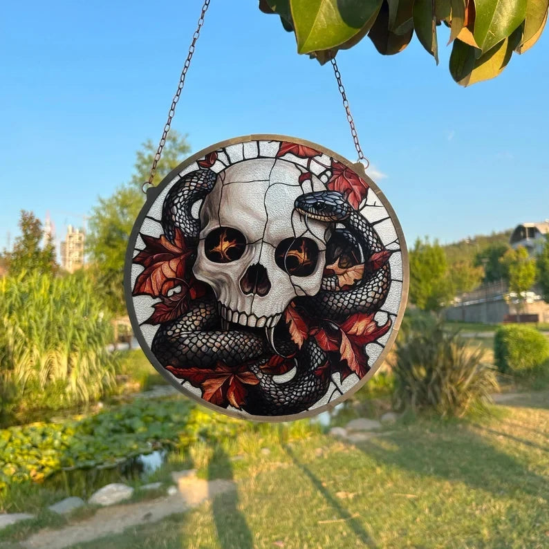 Skull And Snake Painted Faux Stained Glass Suncatcher, Window Hanging Decor, Outdoor Sun Catcher, Halloween Decor
