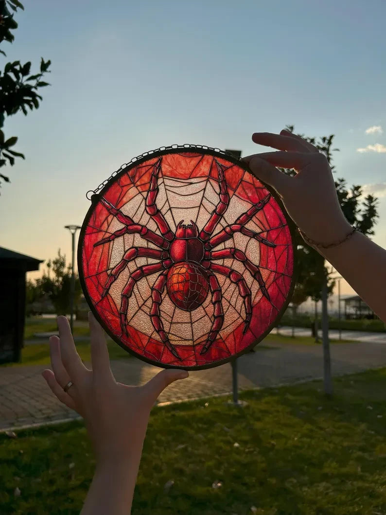 Red Spider Painted Faux Stained Glass Suncatcher, Window Hanging Decor, Outdoor Sun Catcher, Halloween Decor