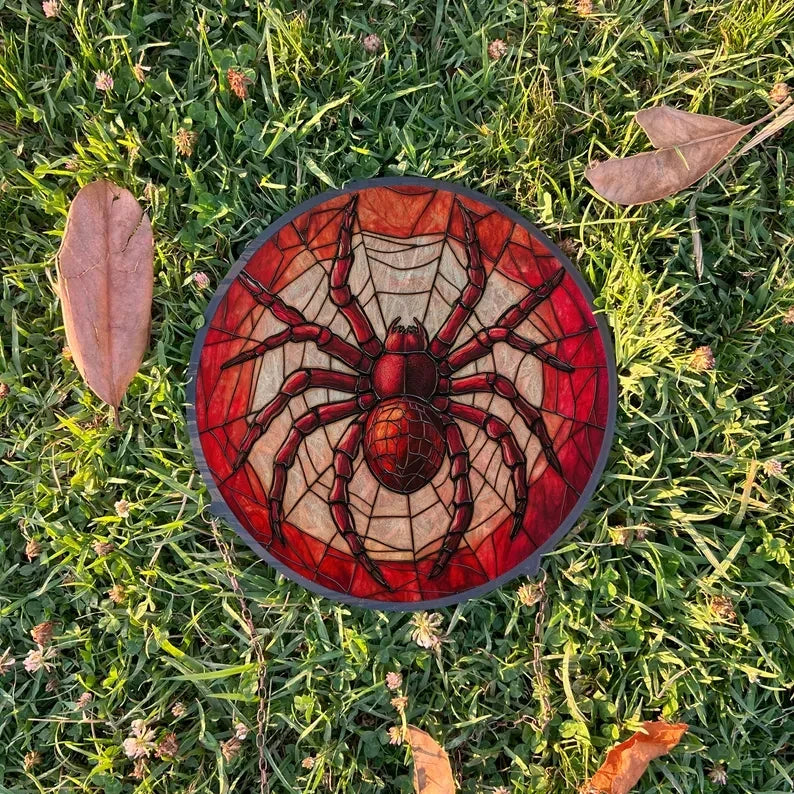 Red Spider Painted Faux Stained Glass Suncatcher, Window Hanging Decor, Outdoor Sun Catcher, Halloween Decor