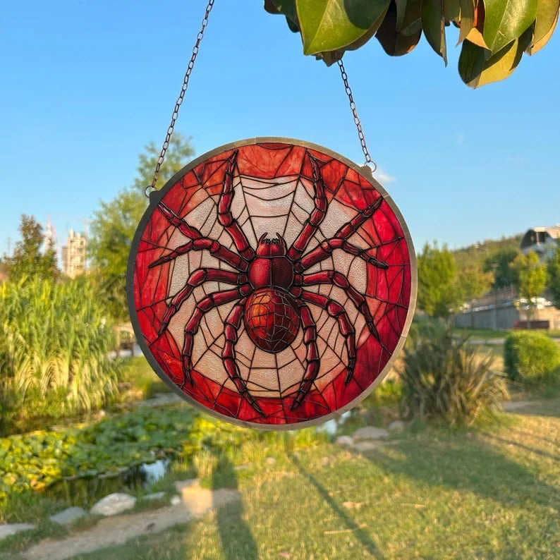 Red Spider Painted Faux Stained Glass Suncatcher, Window Hanging Decor, Outdoor Sun Catcher, Halloween Decor