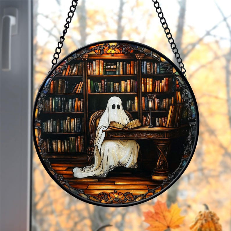 Faux Stained Glass Bookish Ghost Suncatcher, Ghost Reading Books window hangings for garden, House Decor, Book Lover Gift, Librarian Gift