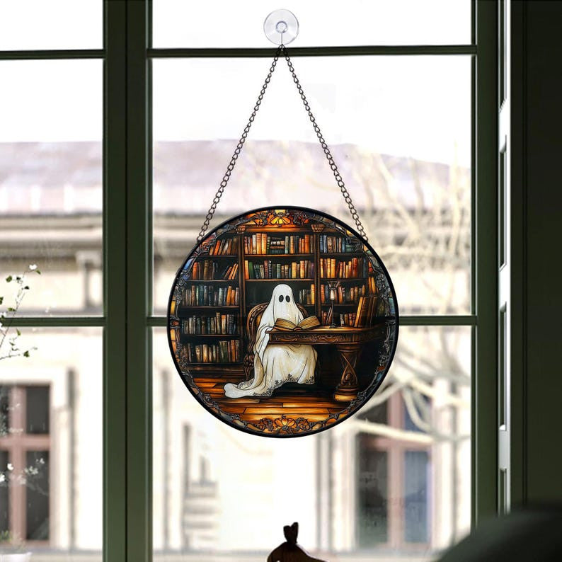 Faux Stained Glass Bookish Ghost Suncatcher, Ghost Reading Books window hangings for garden, House Decor, Book Lover Gift, Librarian Gift