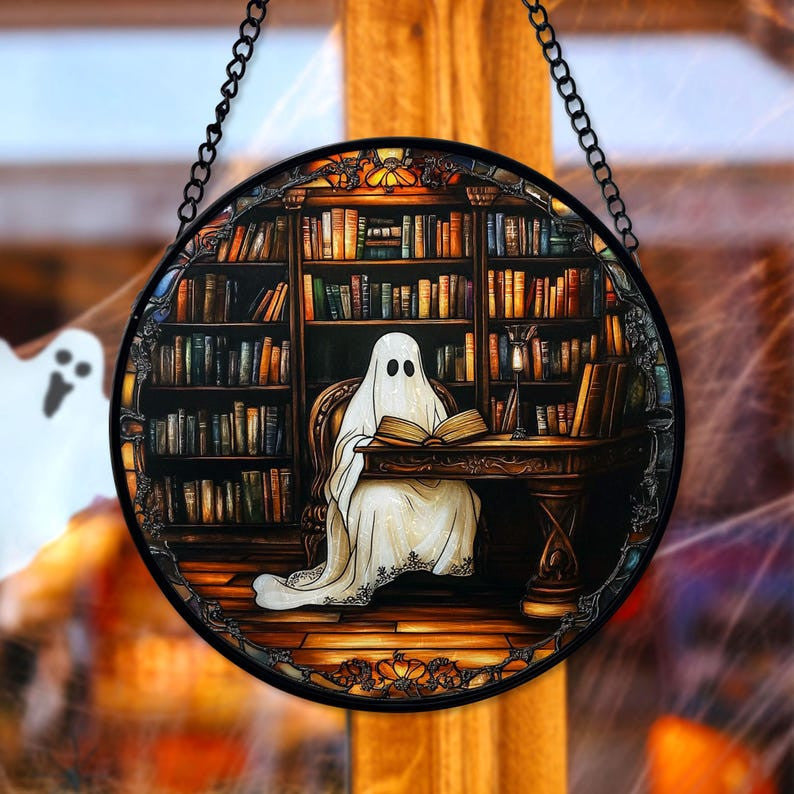 Faux Stained Glass Bookish Ghost Suncatcher, Ghost Reading Books window hangings for garden, House Decor, Book Lover Gift, Librarian Gift