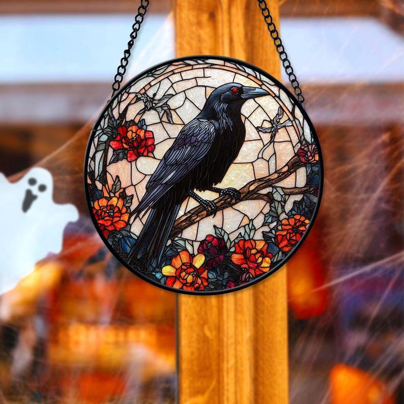Faux Stained Glass Gothic Raven Suncatcher, Gothic Crow window hangings for garden, House Decoration, Halloween Vibes, Gothic Vibes