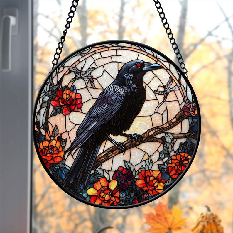 Faux Stained Glass Gothic Raven Suncatcher, Gothic Crow window hangings for garden, House Decoration, Halloween Vibes, Gothic Vibes