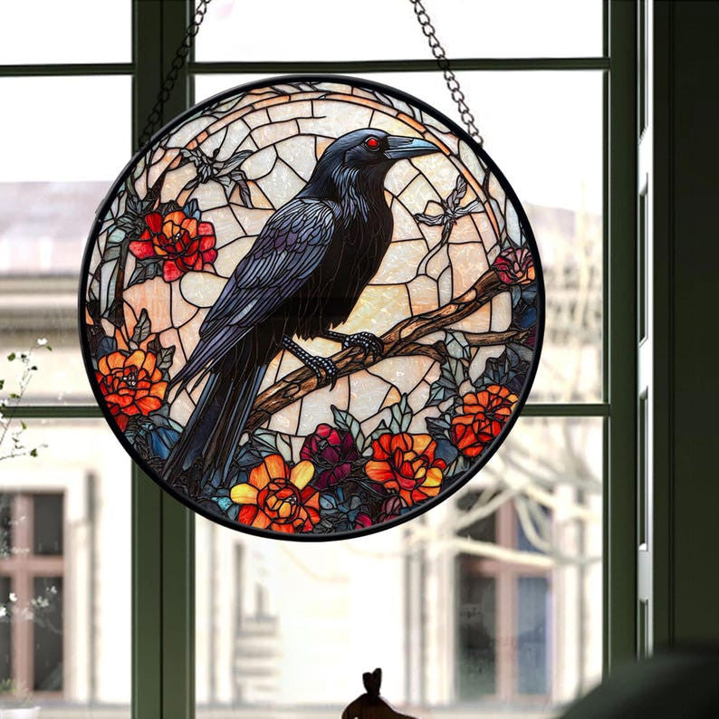 Faux Stained Glass Gothic Raven Suncatcher, Gothic Crow window hangings for garden, House Decoration, Halloween Vibes, Gothic Vibes
