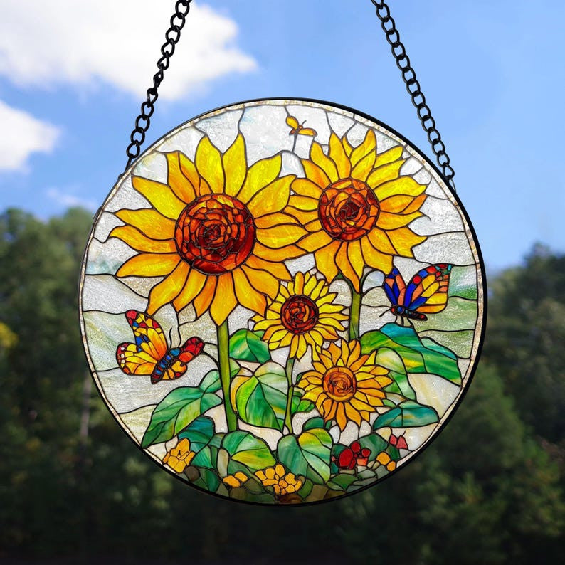 Sunflowers Faux Stained Glass, Sunflowers Beautiful Suncatcher, Birthday Gift For Her Mom Wife Mother Grandmother, Christmas Gift