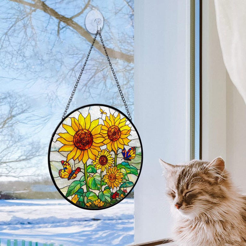 Sunflowers Faux Stained Glass, Sunflowers Beautiful Suncatcher, Birthday Gift For Her Mom Wife Mother Grandmother, Christmas Gift