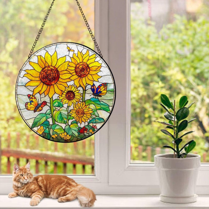 Sunflowers Faux Stained Glass, Sunflowers Beautiful Suncatcher, Birthday Gift For Her Mom Wife Mother Grandmother, Christmas Gift