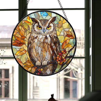 Owl Faux Stained Glass Suncatcher, Bird Faux Stained Glass Window Hanging, Birthday Gift For Women, Christmas Gift, Gift For Mom, Owl Lover
