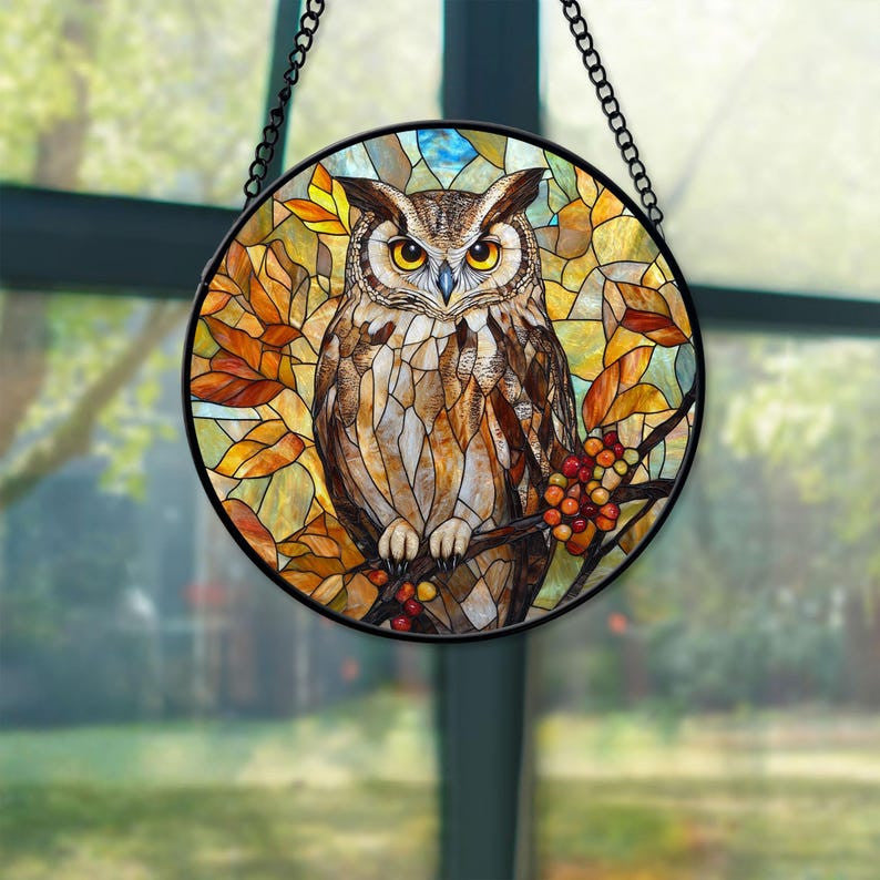 Owl Faux Stained Glass Suncatcher, Bird Faux Stained Glass Window Hanging, Birthday Gift For Women, Christmas Gift, Gift For Mom, Owl Lover